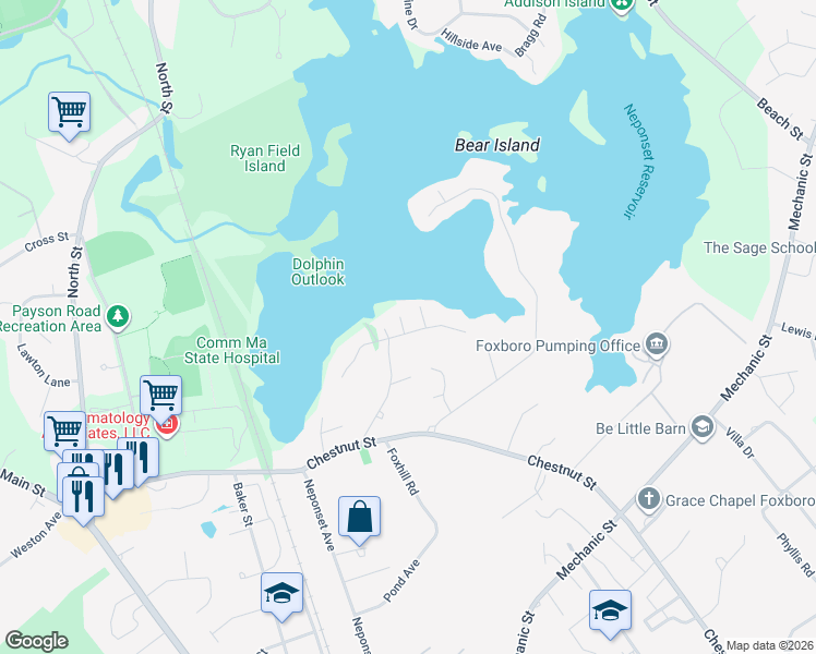 map of restaurants, bars, coffee shops, grocery stores, and more near 3 Idlewild Street in Foxborough
