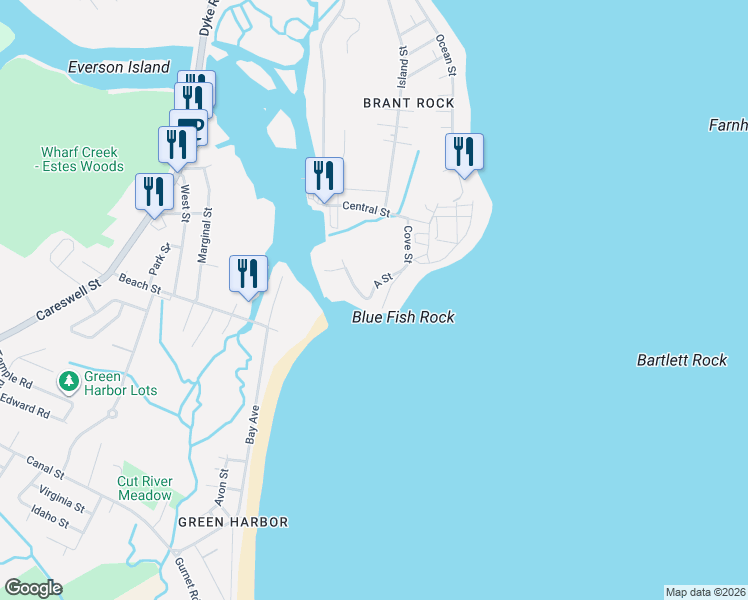 map of restaurants, bars, coffee shops, grocery stores, and more near 14 Cove Street in Marshfield