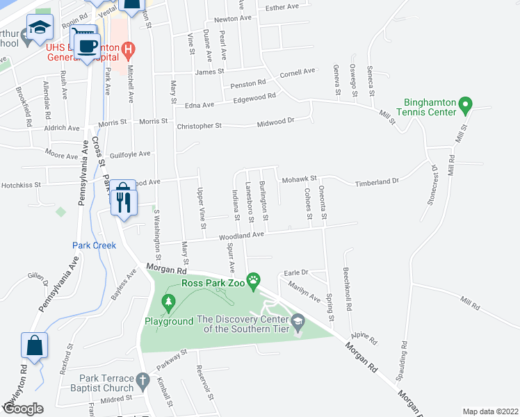 map of restaurants, bars, coffee shops, grocery stores, and more near 24 Burlington St in Binghamton
