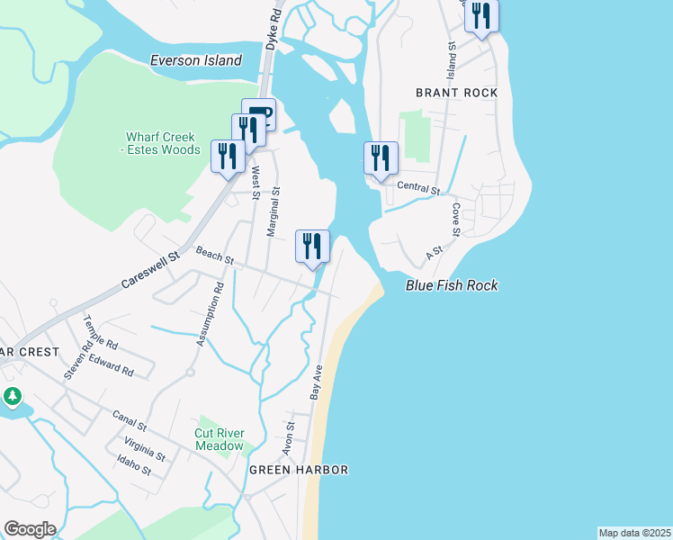 map of restaurants, bars, coffee shops, grocery stores, and more near 222 Bay Avenue in Marshfield
