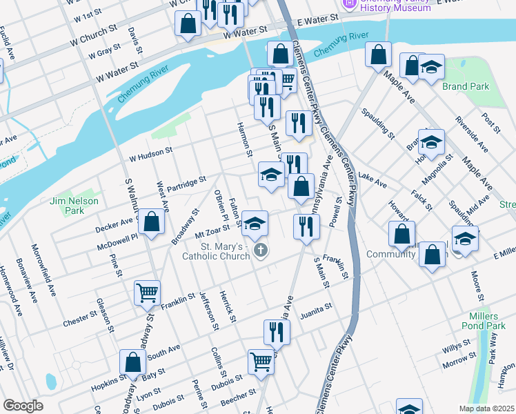 map of restaurants, bars, coffee shops, grocery stores, and more near 101 Canton Street in Elmira