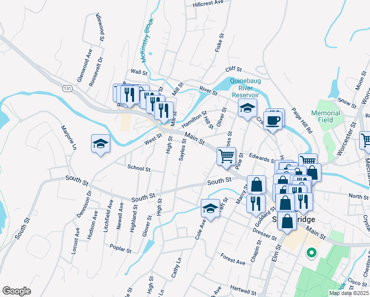 map of restaurants, bars, coffee shops, grocery stores, and more near 31 Sayles Street in Southbridge