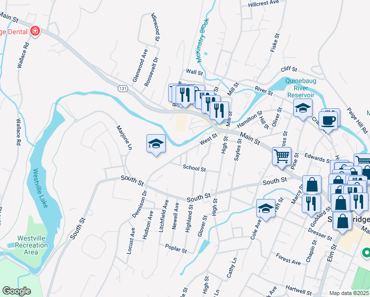 map of restaurants, bars, coffee shops, grocery stores, and more near 92 West Street in Southbridge