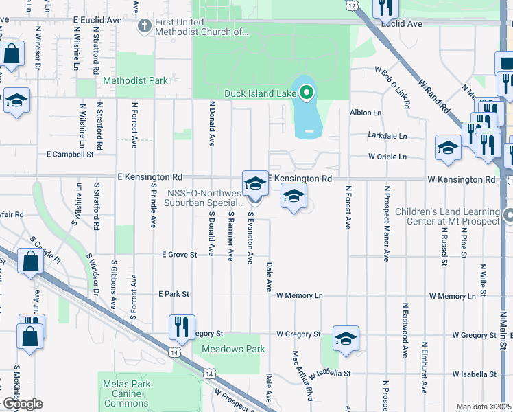 map of restaurants, bars, coffee shops, grocery stores, and more near 201 South Evanston Avenue in Arlington Heights