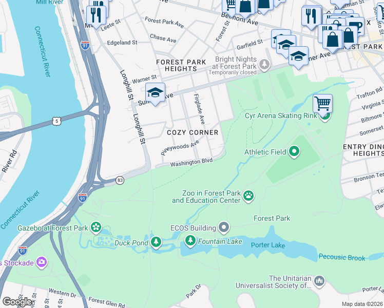map of restaurants, bars, coffee shops, grocery stores, and more near 138 Magnolia Terrace in Springfield