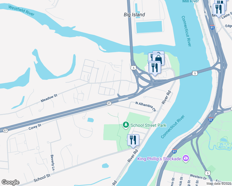 map of restaurants, bars, coffee shops, grocery stores, and more near 38 Editha Avenue in Agawam