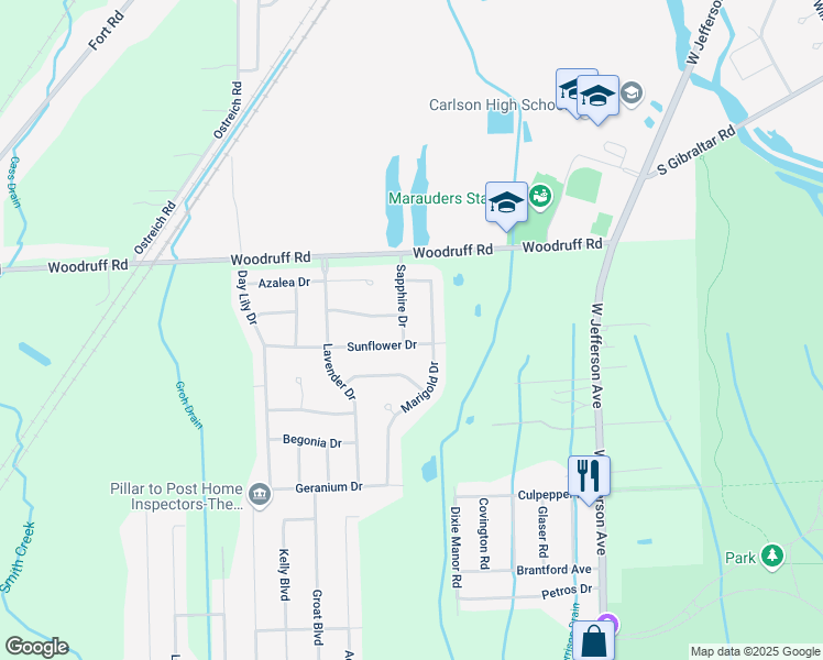 map of restaurants, bars, coffee shops, grocery stores, and more near 31301 Sapphire Drive in Brownstown Charter Township