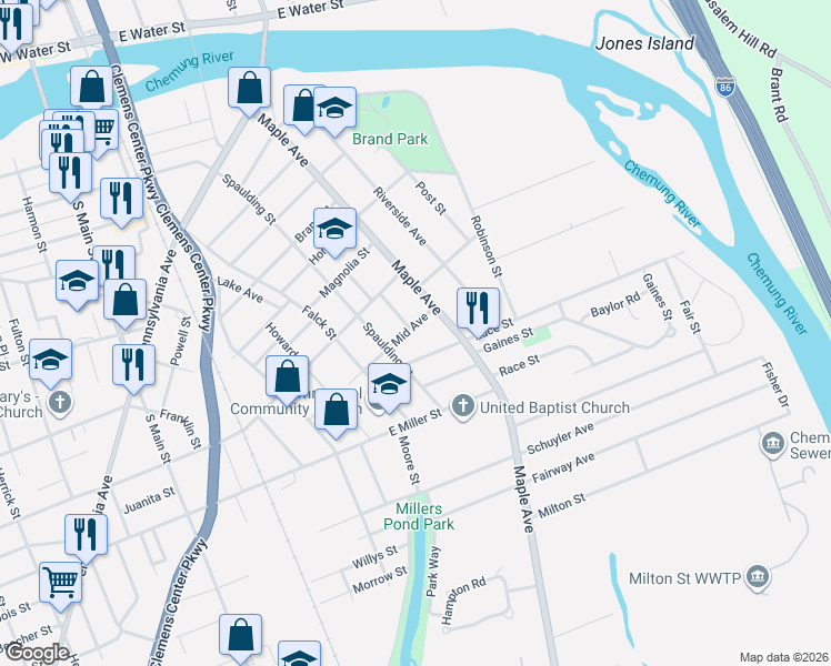 map of restaurants, bars, coffee shops, grocery stores, and more near 306-308 Mid Ave in Elmira