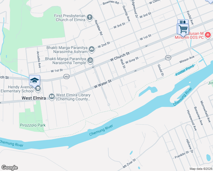 map of restaurants, bars, coffee shops, grocery stores, and more near 1063 West Water Street in Elmira