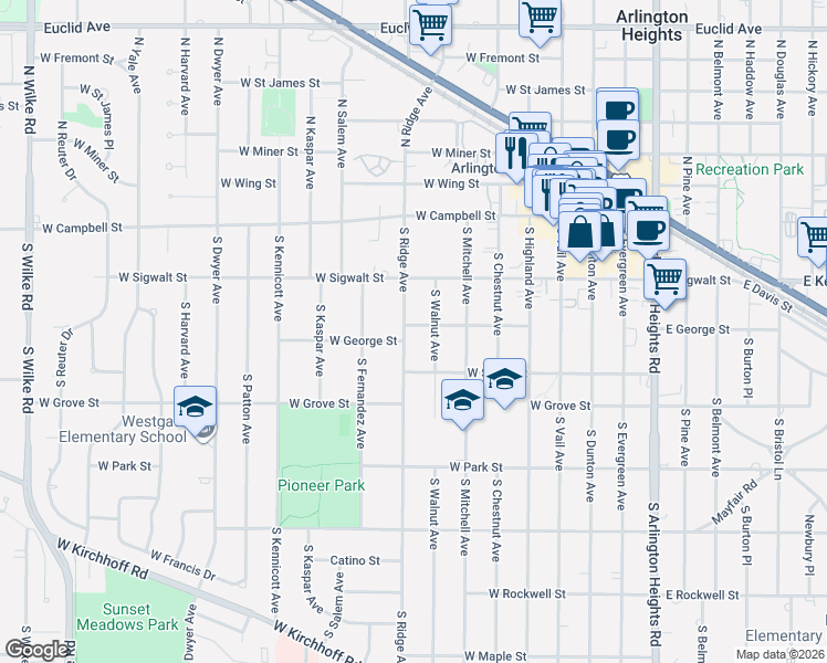 map of restaurants, bars, coffee shops, grocery stores, and more near 515 West George Street in Arlington Heights