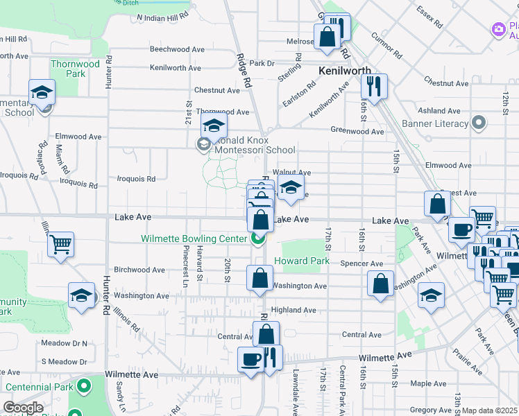 map of restaurants, bars, coffee shops, grocery stores, and more near 917 Ridge Road in Wilmette