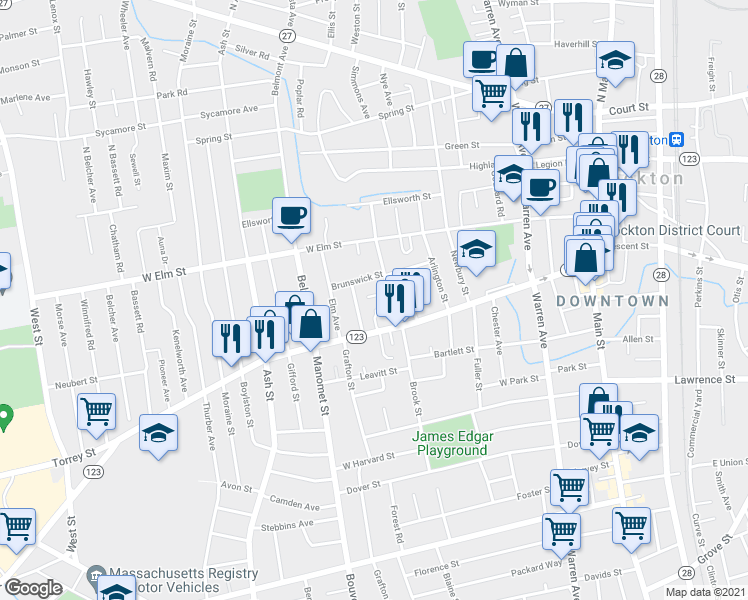 map of restaurants, bars, coffee shops, grocery stores, and more near 16 Kensington Place in Brockton
