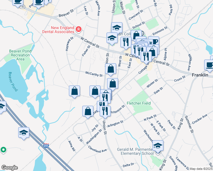 map of restaurants, bars, coffee shops, grocery stores, and more near 284 Union Street in Franklin