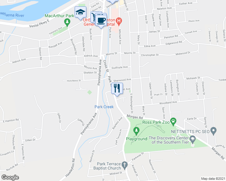 map of restaurants, bars, coffee shops, grocery stores, and more near Park Avenue & Corbett Avenue in Binghamton