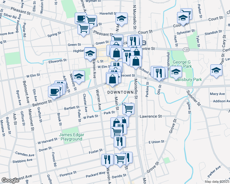 map of restaurants, bars, coffee shops, grocery stores, and more near 309 Main Street in Brockton