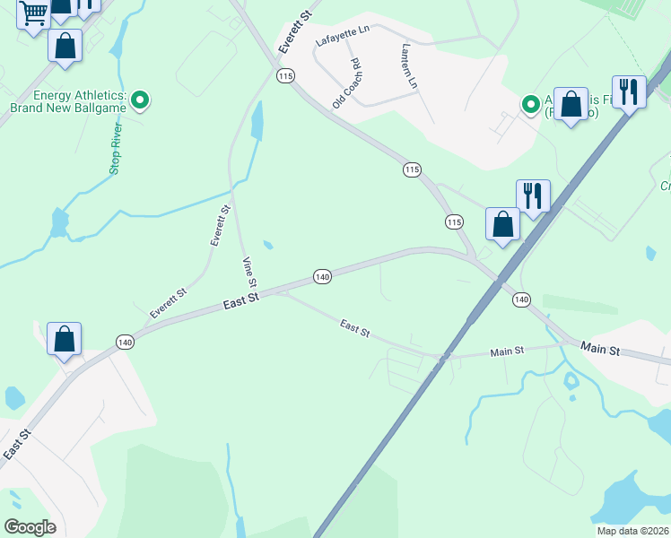 map of restaurants, bars, coffee shops, grocery stores, and more near 65 Foxboro Road in Wrentham