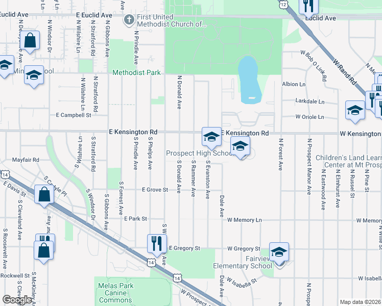 map of restaurants, bars, coffee shops, grocery stores, and more near 216 South Rammer Avenue in Arlington Heights