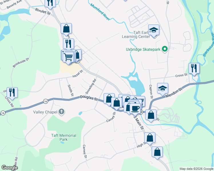 map of restaurants, bars, coffee shops, grocery stores, and more near 28 Seagrave Street in Uxbridge