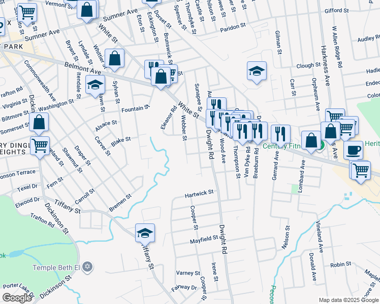 map of restaurants, bars, coffee shops, grocery stores, and more near 103 Webber Street in Springfield