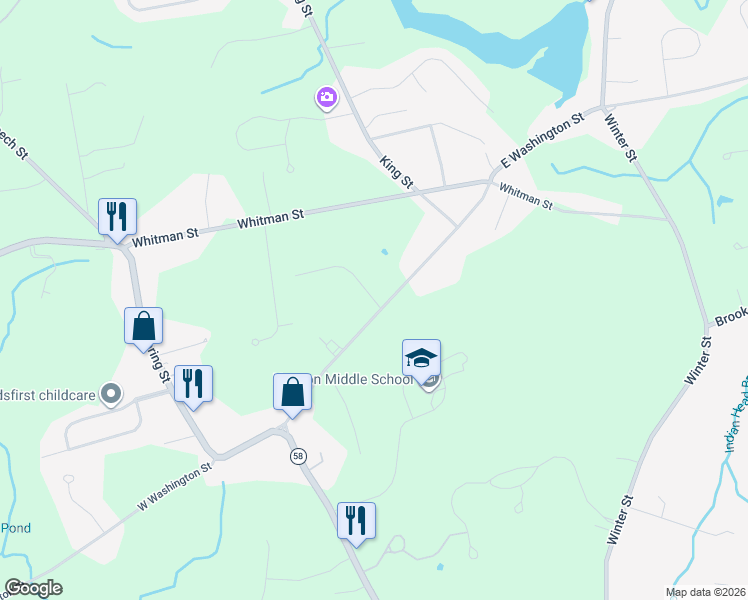 map of restaurants, bars, coffee shops, grocery stores, and more near 257 East Washington Street in Hanson