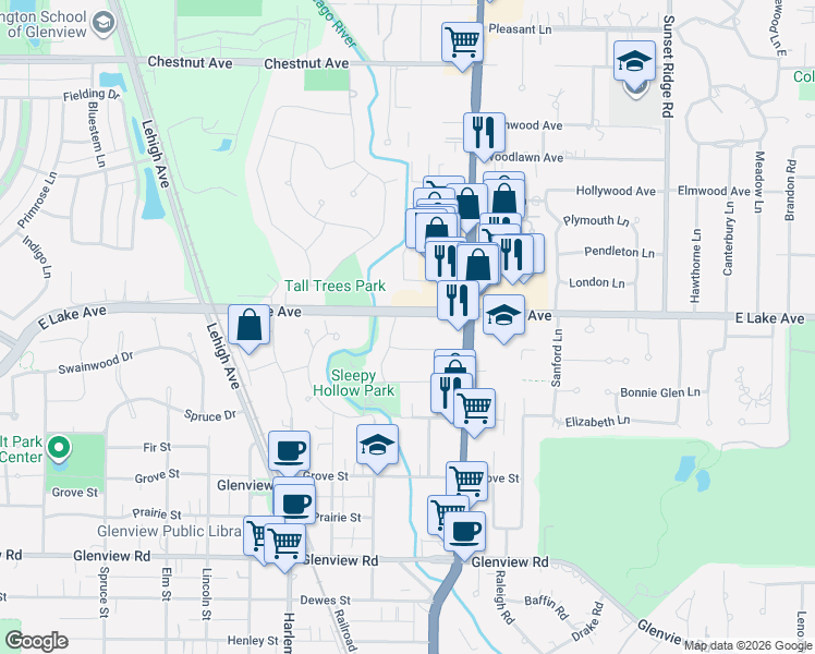 map of restaurants, bars, coffee shops, grocery stores, and more near 1343 Sleepy Hollow Road in Glenview