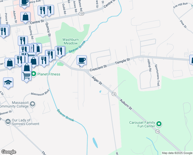 map of restaurants, bars, coffee shops, grocery stores, and more near 50 Alger Street in Brockton