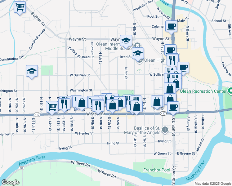 map of restaurants, bars, coffee shops, grocery stores, and more near 149 North 6th Street in Olean