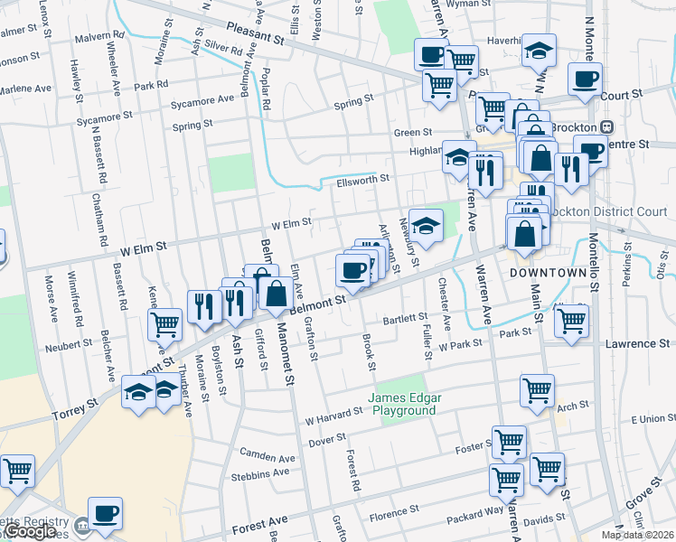 map of restaurants, bars, coffee shops, grocery stores, and more near 16 Kensington Place in Brockton