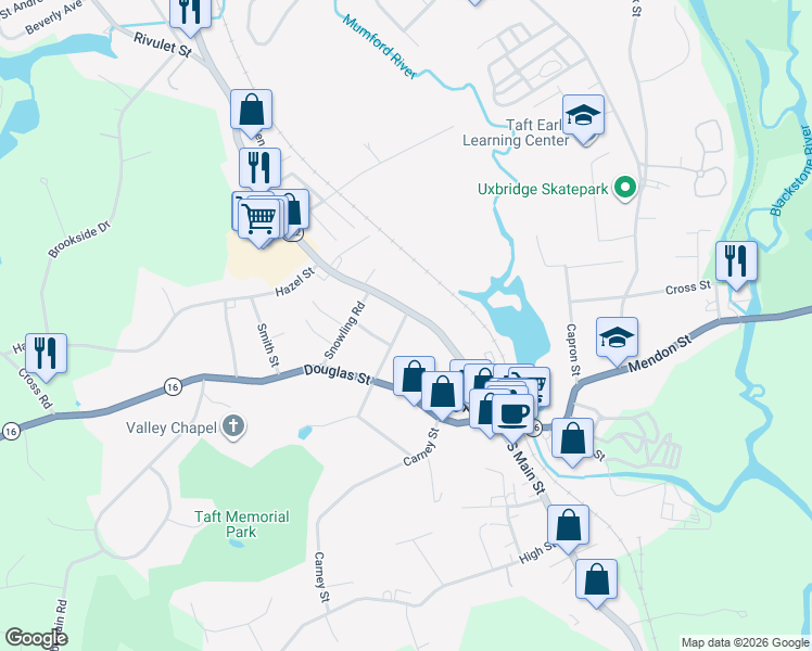 map of restaurants, bars, coffee shops, grocery stores, and more near 28 Seagrave Street in Uxbridge