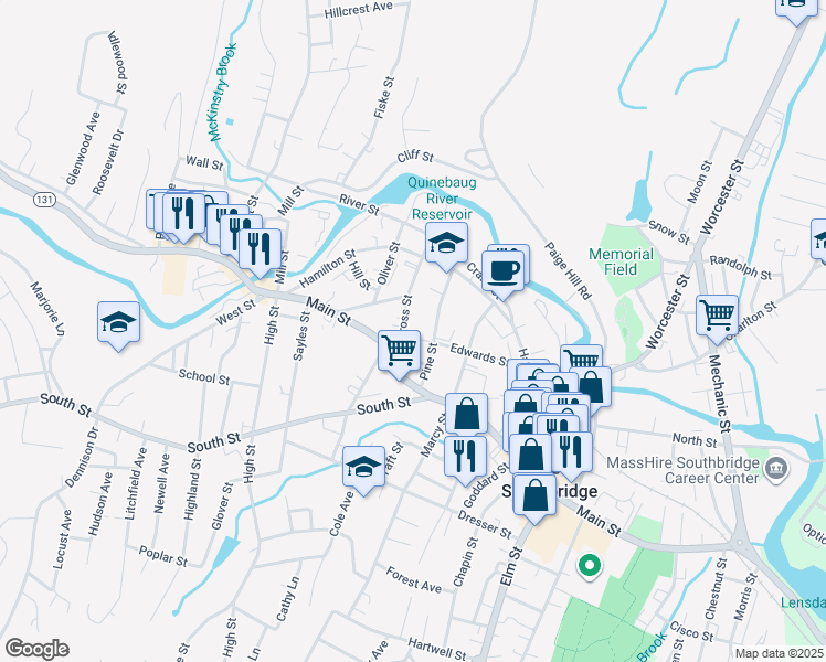 map of restaurants, bars, coffee shops, grocery stores, and more near 99 Cross Street in Southbridge