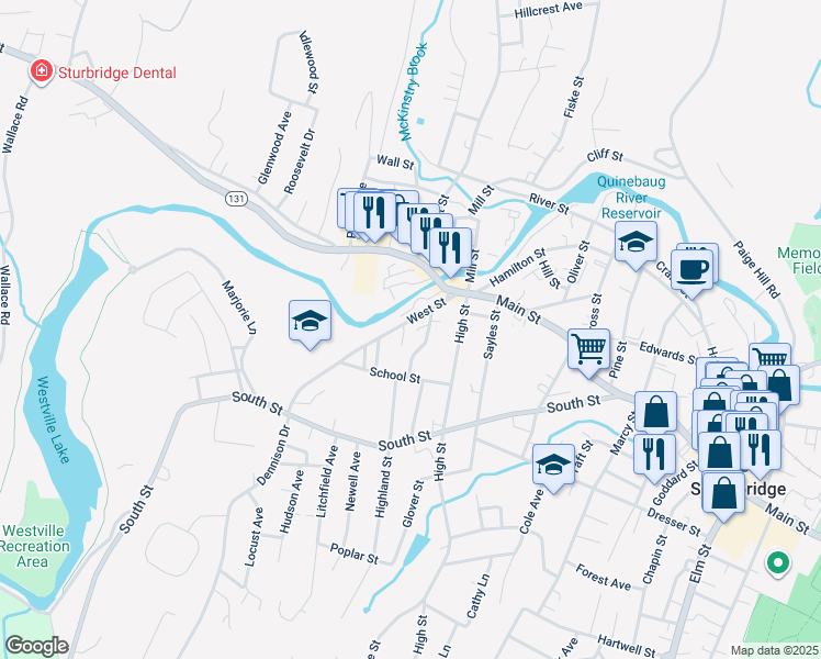 map of restaurants, bars, coffee shops, grocery stores, and more near 63 West Street in Southbridge