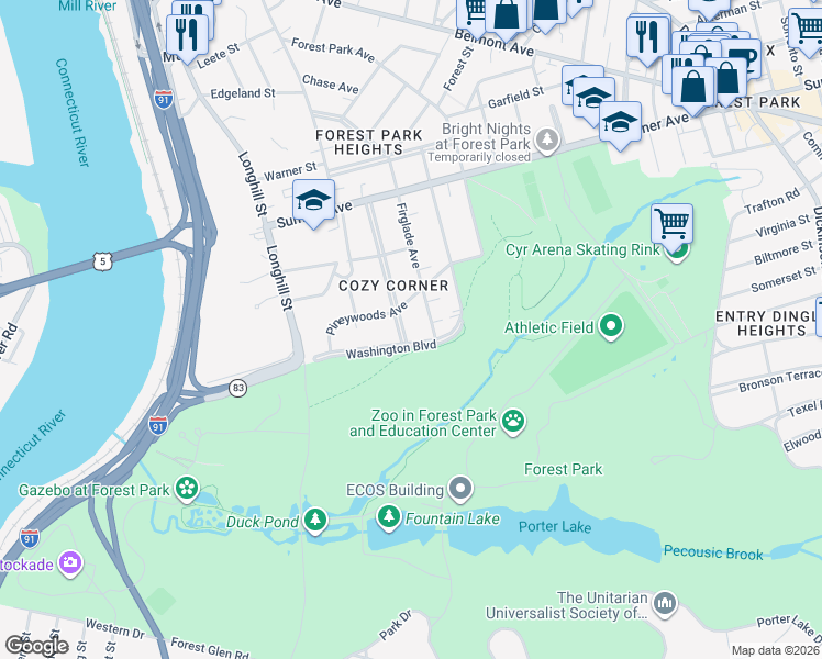 map of restaurants, bars, coffee shops, grocery stores, and more near 138 Magnolia Terrace in Springfield