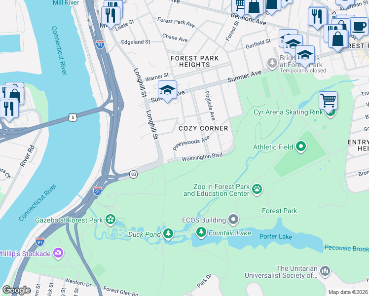 map of restaurants, bars, coffee shops, grocery stores, and more near 51 Pineywoods Avenue in Springfield