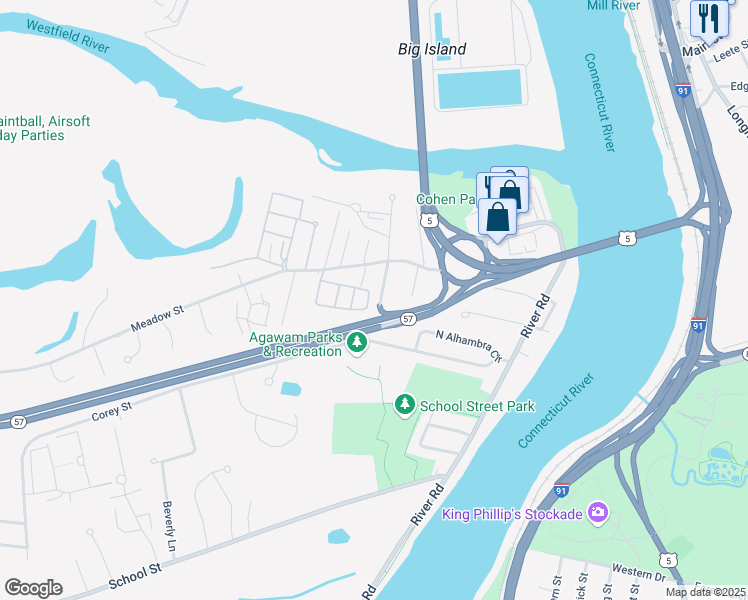 map of restaurants, bars, coffee shops, grocery stores, and more near 38 Editha Avenue in Agawam