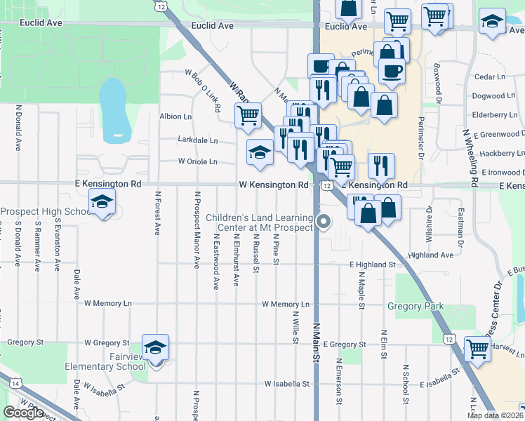 map of restaurants, bars, coffee shops, grocery stores, and more near 704 North Russel Street in Mount Prospect