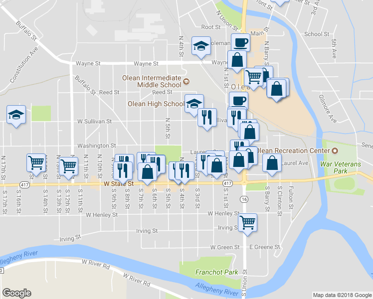 map of restaurants, bars, coffee shops, grocery stores, and more near 414 Laurens Street in Olean