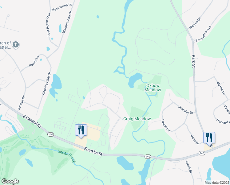 map of restaurants, bars, coffee shops, grocery stores, and more near 140 Red Fox Run in Wrentham