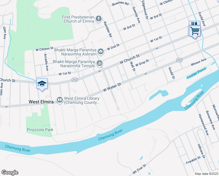 map of restaurants, bars, coffee shops, grocery stores, and more near 1101 West Water Street in Elmira