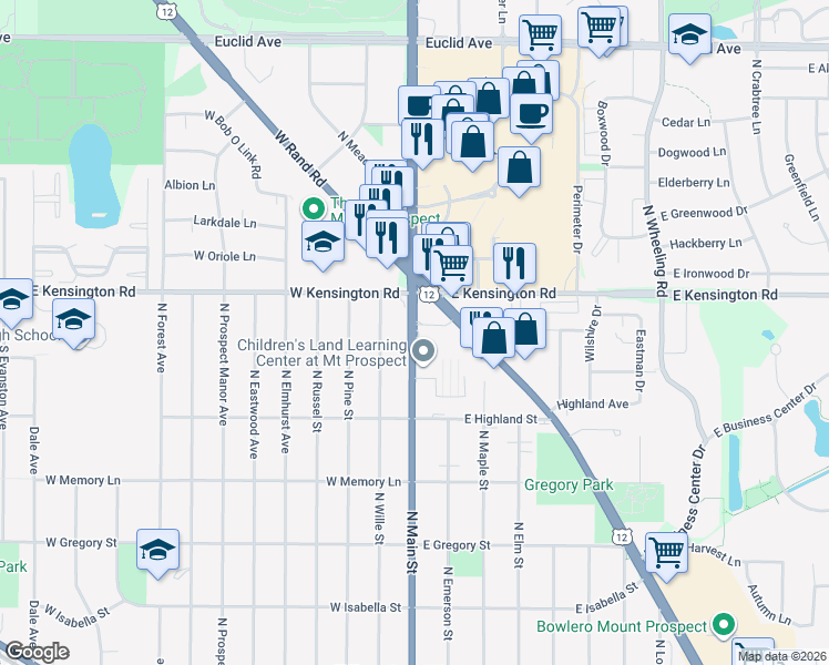 map of restaurants, bars, coffee shops, grocery stores, and more near 709 North Main Street in Mount Prospect