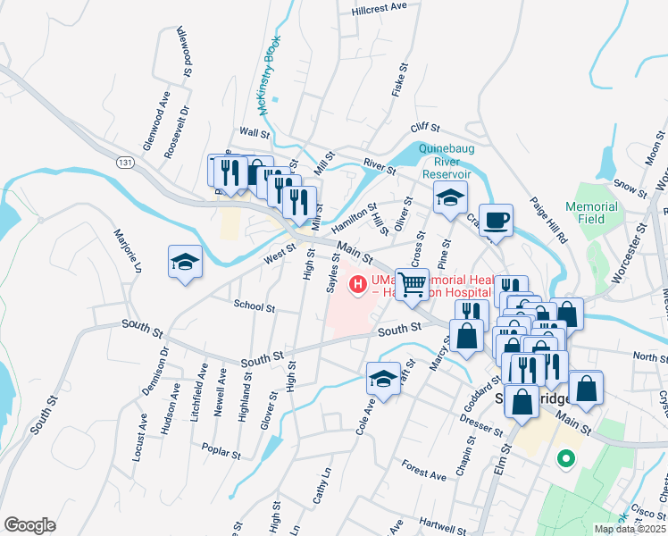 map of restaurants, bars, coffee shops, grocery stores, and more near 31 Sayles Street in Southbridge