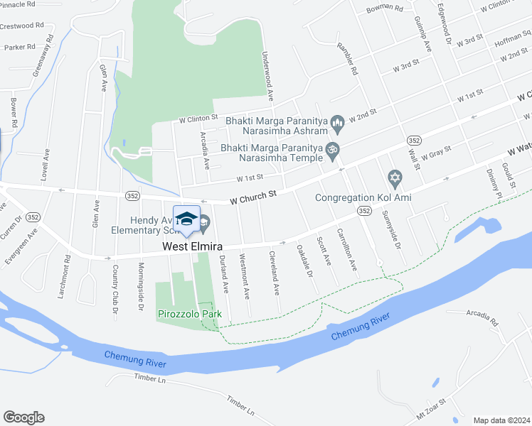 map of restaurants, bars, coffee shops, grocery stores, and more near 116 Lexington Avenue in Elmira