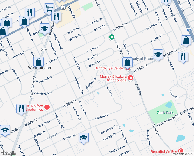 map of restaurants, bars, coffee shops, grocery stores, and more near 2905 Willowood Drive in Erie