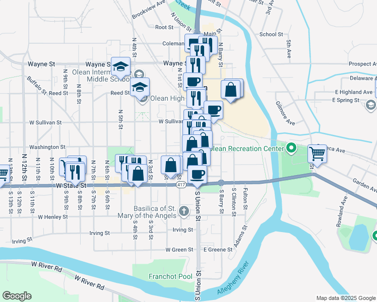map of restaurants, bars, coffee shops, grocery stores, and more near 208R North 1st Street in Olean