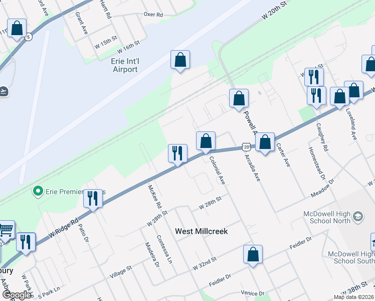 map of restaurants, bars, coffee shops, grocery stores, and more near 4058 U.S. 20 in Erie