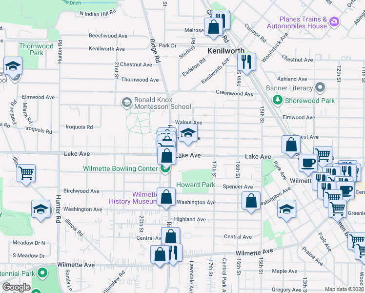 map of restaurants, bars, coffee shops, grocery stores, and more near 1760 Lake Avenue in Wilmette