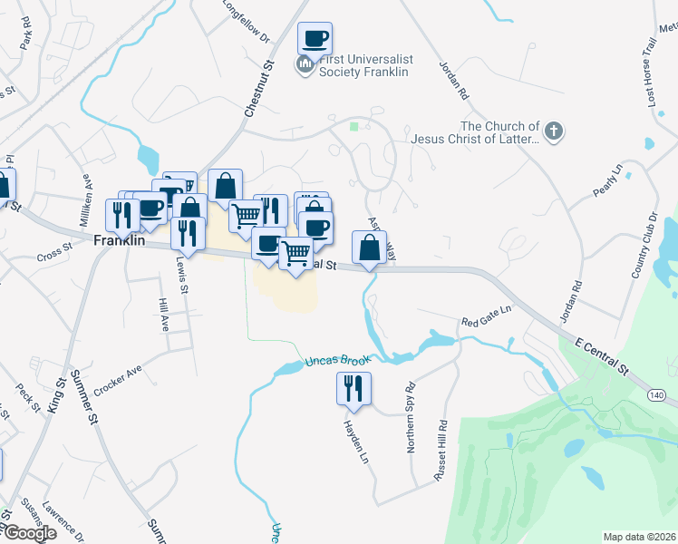 map of restaurants, bars, coffee shops, grocery stores, and more near 406 East Central Street in Franklin