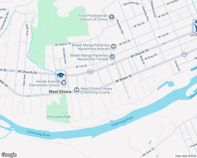 map of restaurants, bars, coffee shops, grocery stores, and more near 105 Underwood Avenue in Elmira