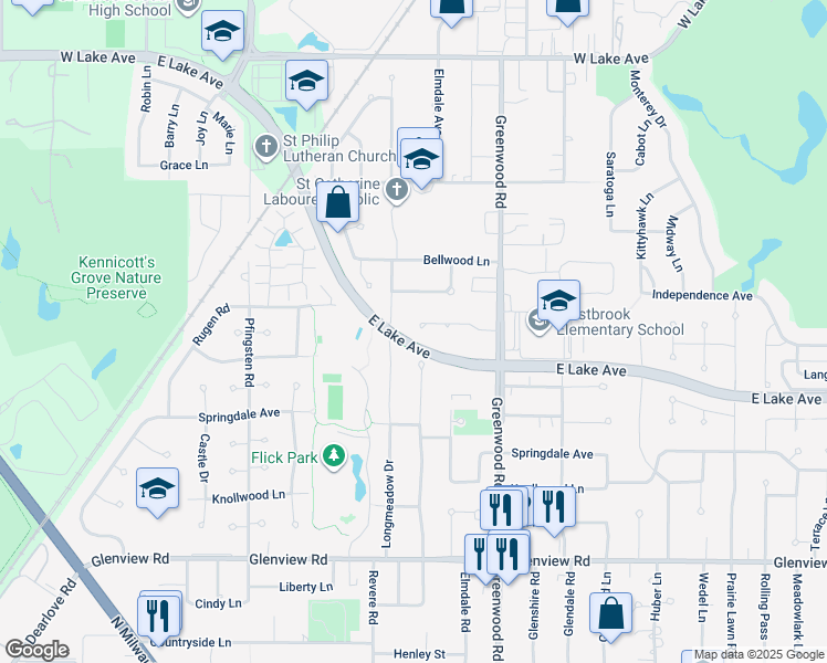 map of restaurants, bars, coffee shops, grocery stores, and more near 3321 Lakewood Court in Glenview