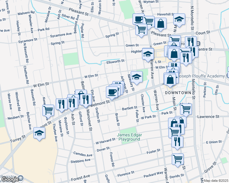 map of restaurants, bars, coffee shops, grocery stores, and more near 23 Wall Street in Brockton