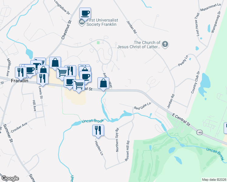map of restaurants, bars, coffee shops, grocery stores, and more near 470 Massachusetts 140 in Franklin